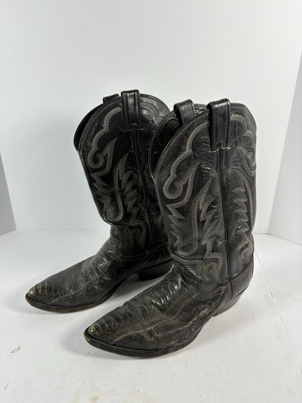 Vintage Justin Y0167 Ostrich Leg Cowboy Boots Mens 9 D Black Exotic Leather USA